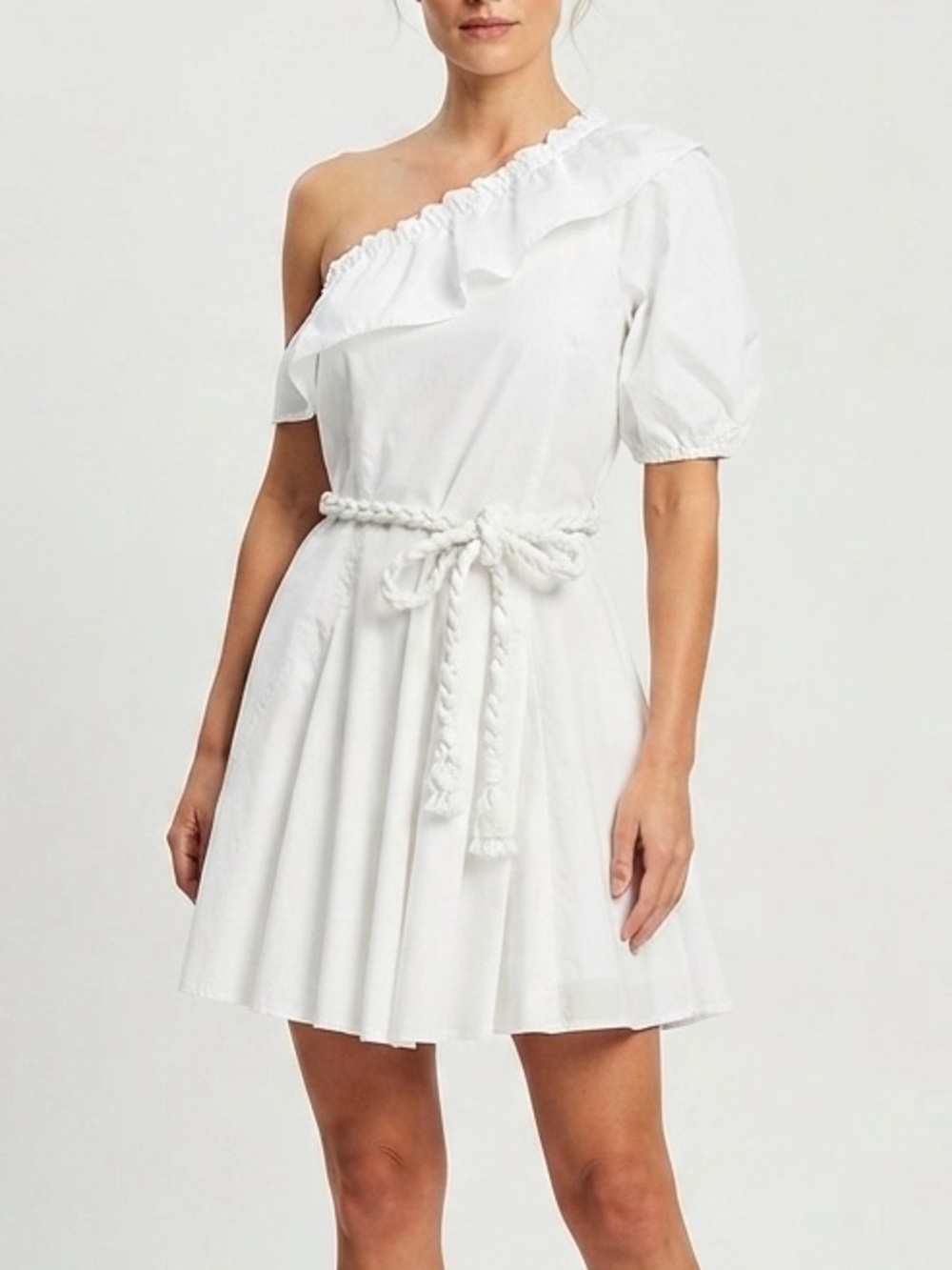 RHODE White One-Shoulder Ruffle Mini Dress Size S Braided Belt